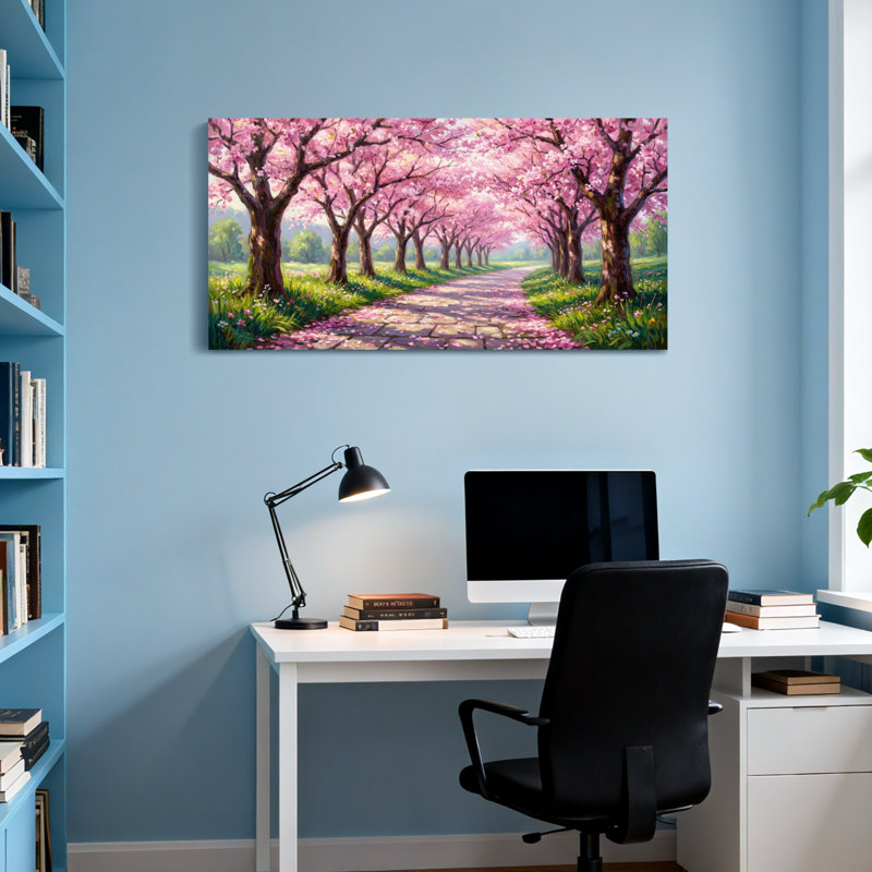 Scène de printemps dans un paysage de cerisiers en fleurs, H 28 po x l 58 po