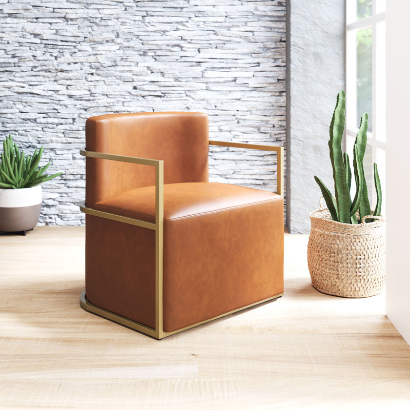Brown Faux Leather and Metal Contemporary Armchair