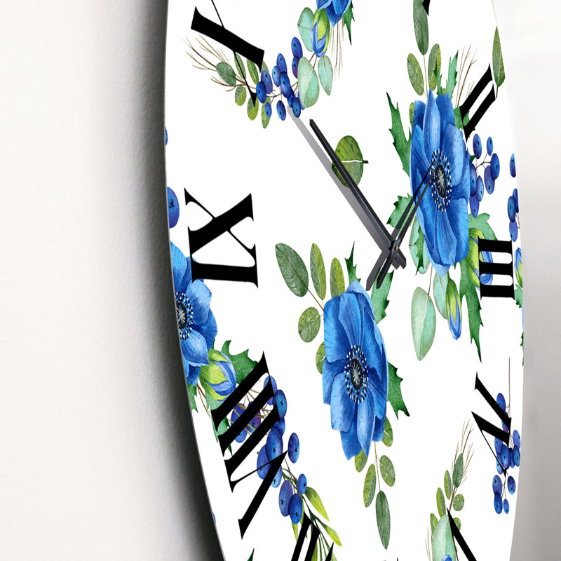 Horloge murale à motif anémones bleues et feuilles vertes sur fond blanc, Petit