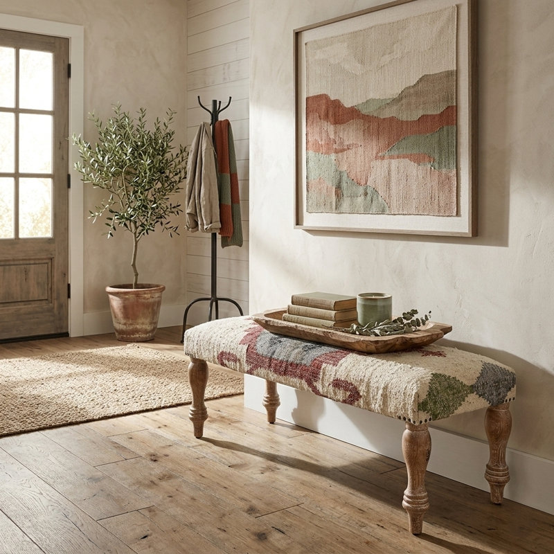 Classic Southwestern Handmade Natural Jute Upholstered Entryway Bench