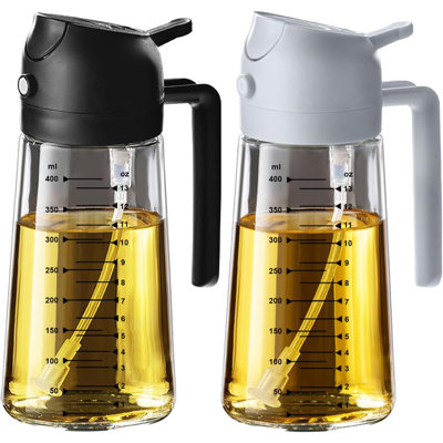 16Oz/470Ml Glass Olive Oil Sprayer For Cooking – 2 In 1 Olive Oil Dispenser Bottle For Kitchen Gadgets And Air Fryer Accessories, Salad, BBQ - Black & Ash