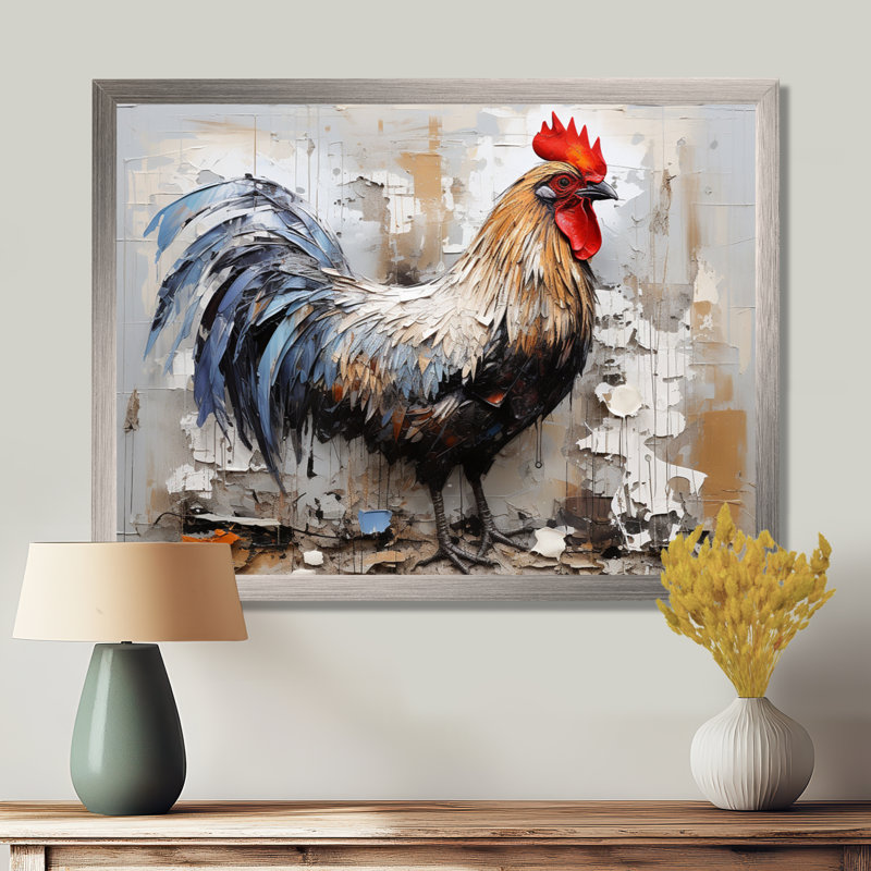 Loyal Rooster Portrait III - Art mural coq pour le salon, Cadre simple argenté, H 30 po x l 40 po x P 1,5 po