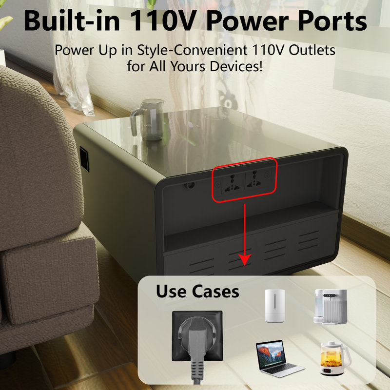 Black High Gloss Smart End Table with Fridge Drawer and Charging Station