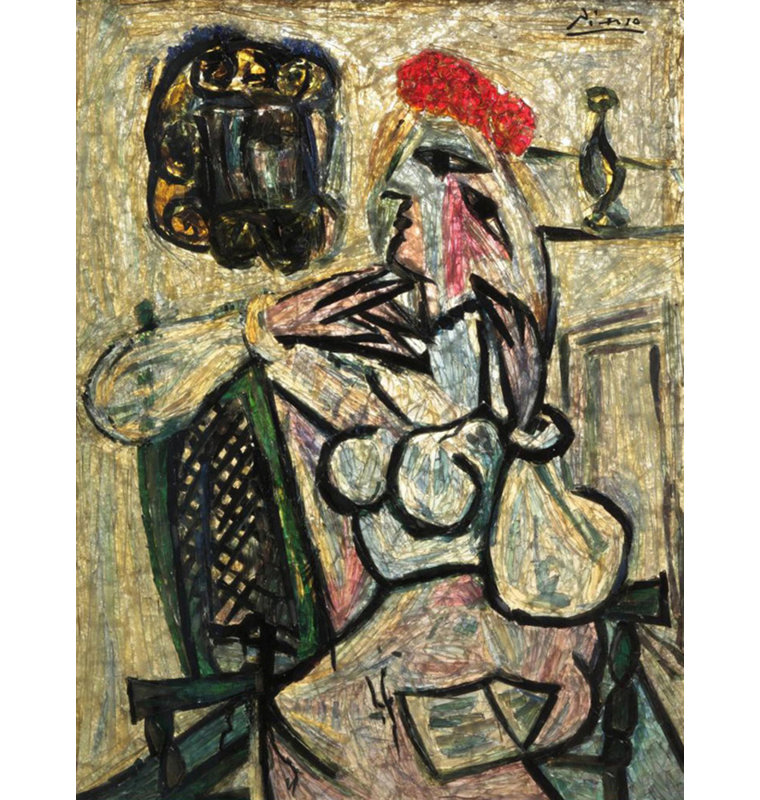 Femme assise avec un chapeau rouge, H 37 po x l 28 po