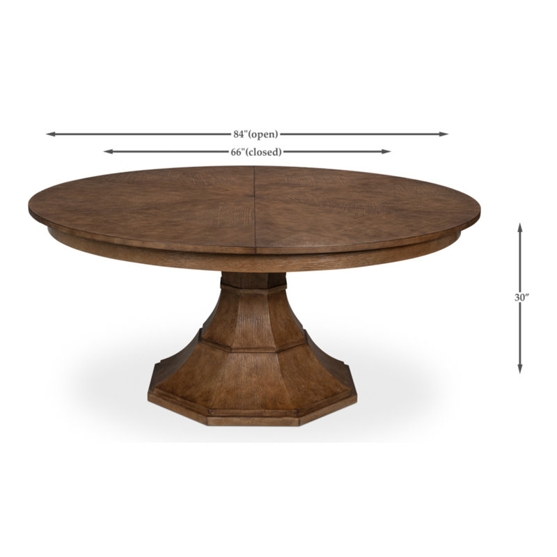 Giselle Extendable Oak Round Solid Wood Dining Table, 30"H x 66"L x 66"W