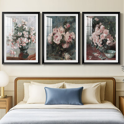 Vintage Floral Print CCLXXVI  -Custom Framed  Premium Print W Matt - 3 Pieces