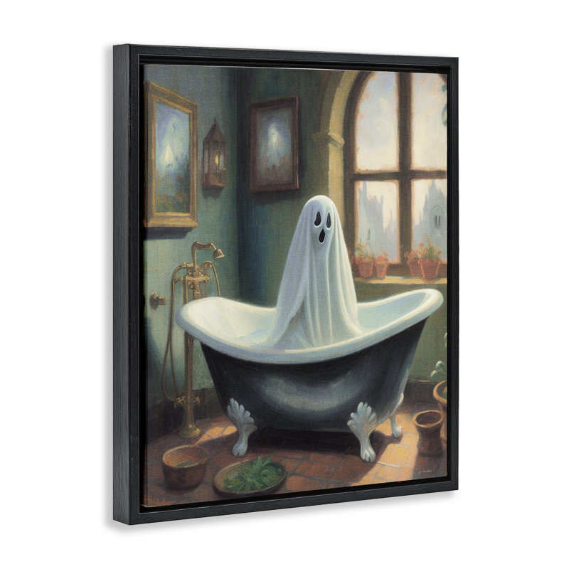 Ghost Bathing in Tub  Framed Floater Canvas Wall Art, design by Jo Moulton, Jet Black Floater Frame, 21" H x 17" W