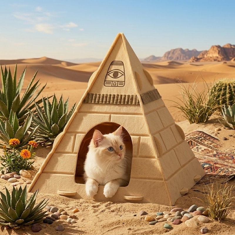 Scratch-Resistant Felt Cat Hideaway for Indoor Cats, Pharaoh Headdress Design, 17x17x20"