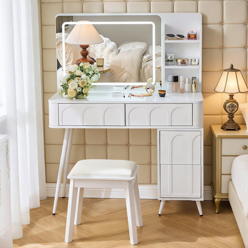 Space-saving Bedroom Vanity Desk With Led Lights, Mirror & 4-drawer Dressing Table, White