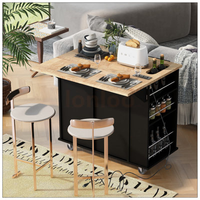 Kitchen Island With Power Outlet And Drop Leaf, Rubber Wood, Open Storage, Wine Rack, 5 Wheels, Adjustable Shelves