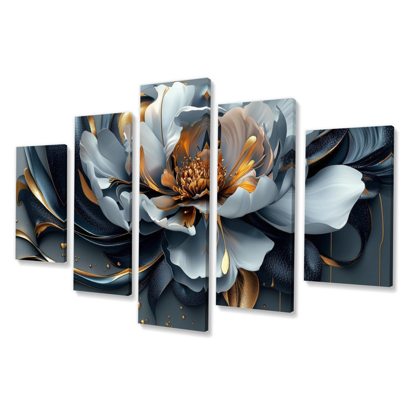 Fleur de pivoine bleue et grise - ensemble d'art mural pivoine