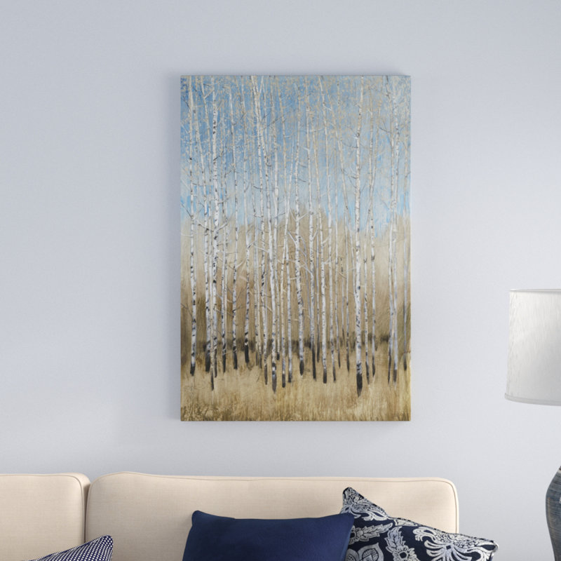 «Dusty Blue Birches I», peinture sur toile, H 36 po x l 24 po