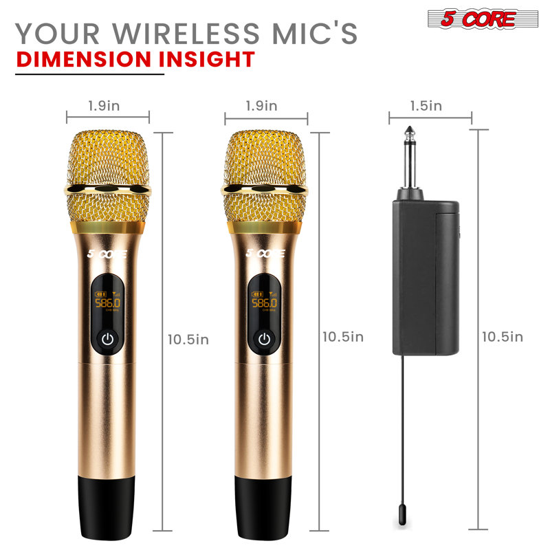 5 Core Wireless Microphone Pair UHF Handheld Microfonos Inalambricos Cordless Mic, Gold