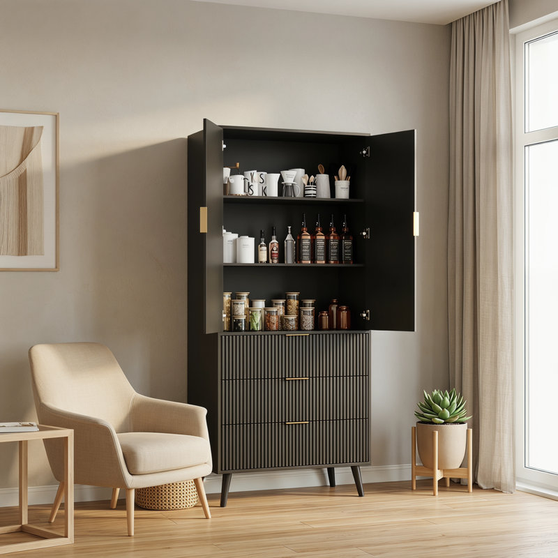Tall Storage Cabinet With Drawers And Adjustable Shelves, Fluted Panel Accent Cabinet With Gold Handles For Living Room, Kitchen, Or Entryway