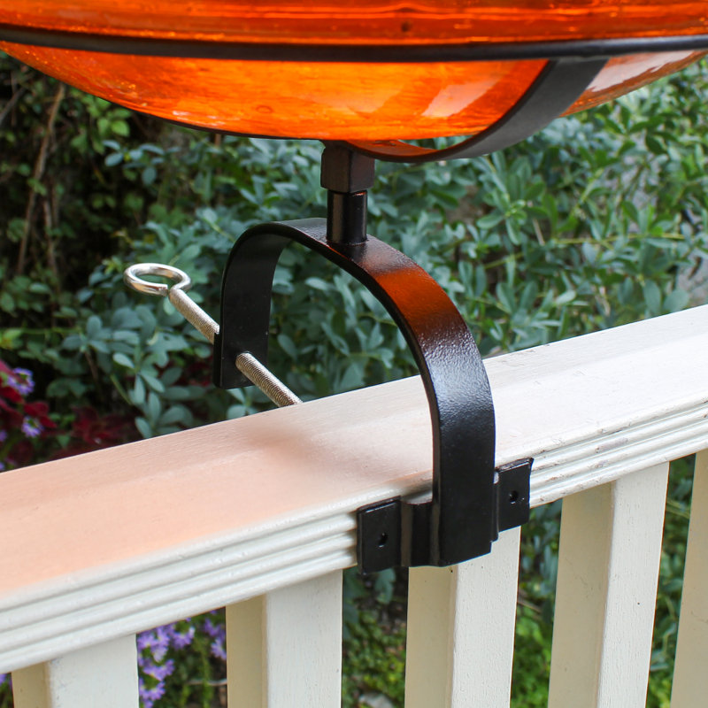 Mandarin Orange Crackle Glass Birdbath with Metal Stand