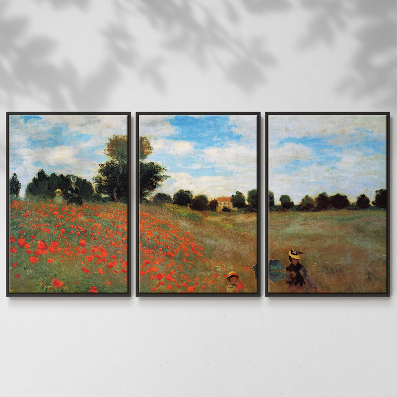 Les Coqueliquots, reproduction sur toile 3 pièces, H 36 po x l 75 po x P 2 po, Cadre noir