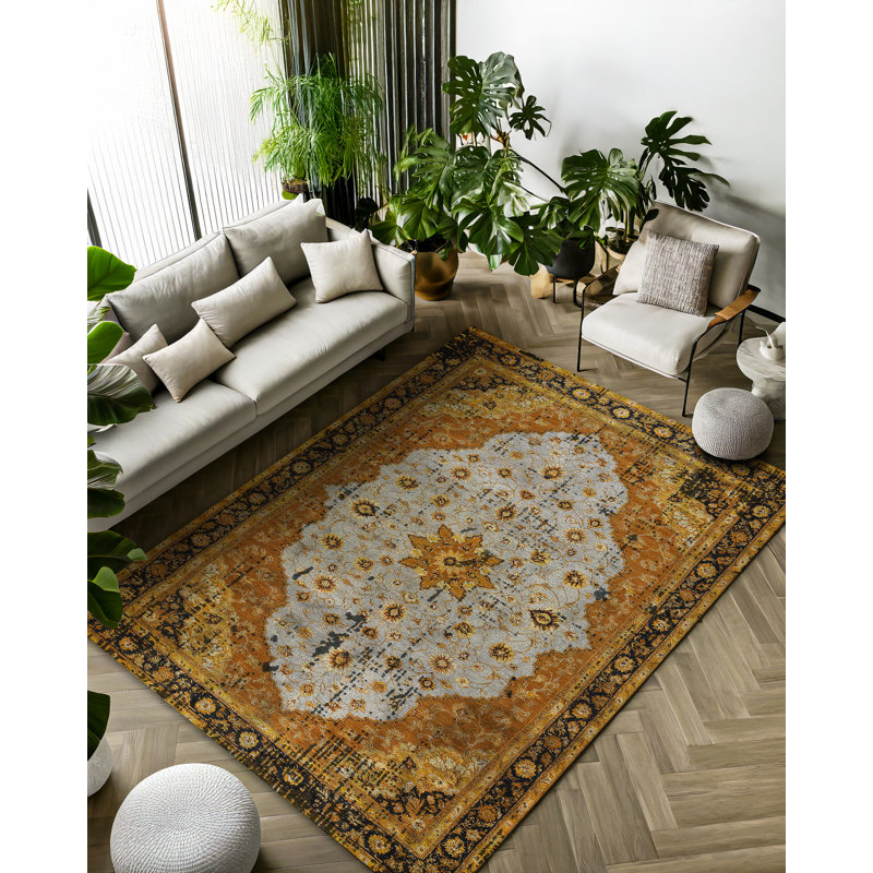 Girvin Yellow Oriental Machine Printed Cotton Polyester Area Rug, Round 3'4"