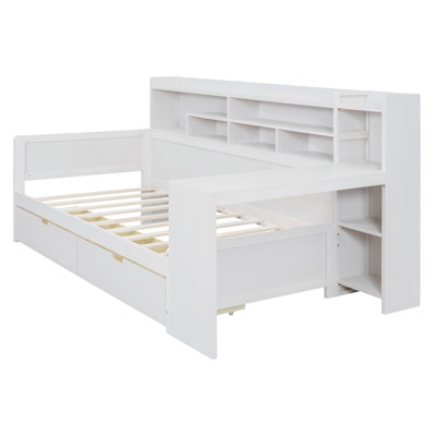 Wooden Twin Size Daybed With Storage Shelves, Multi-Functional Bed With Two Storage Drawers And  Study Desk -  STYLISH, MVIP812-HL000189AAK