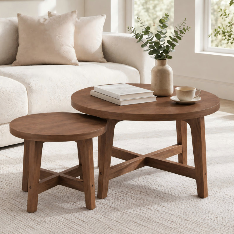 Tables basses rondes gigognes avec structure en X, Noyer