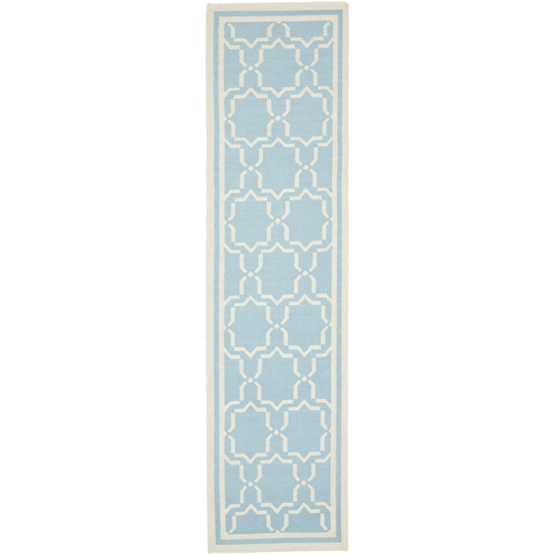 Rodgers Hand Woven Flat Weave Wool/Cotton Geometric Rug in Light Blue/Ivory, Runner 2'6" x 10'
