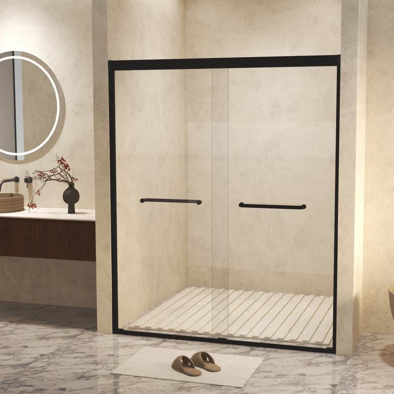 72" Tempered Glass With Explosion Proof Film, Aluminum Frame Double Sliding Shower Door, "1/4 (6 Mm), Stainless Steel Handle