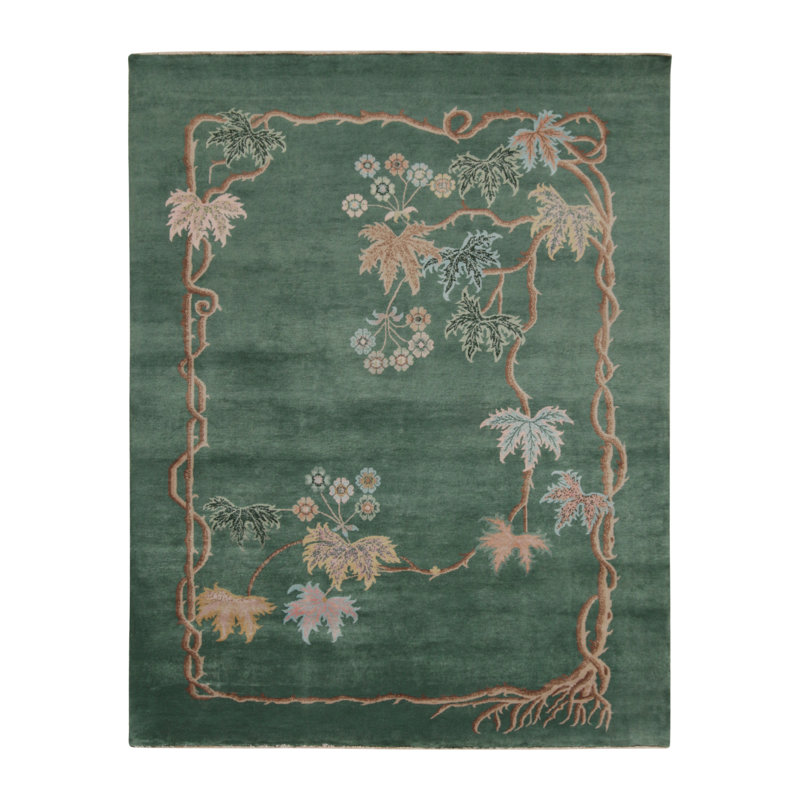 Rug & Kilim’S Chinese Art Deco Rug In Green With Brown And Blue Floral Patterns, Rectangle 8' x 10'
