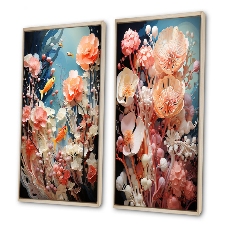 Ensemble de 2 décorations murales marines sous-marines Coral Elegance II - Corail, Encadrement brun, H 40 po x l 41 po