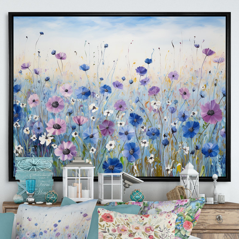 Divine cornflowers Blooming Field III - Art mural champ de fleurs, Cadre flottant noir, H 16 po x l 32 po x P 1 po