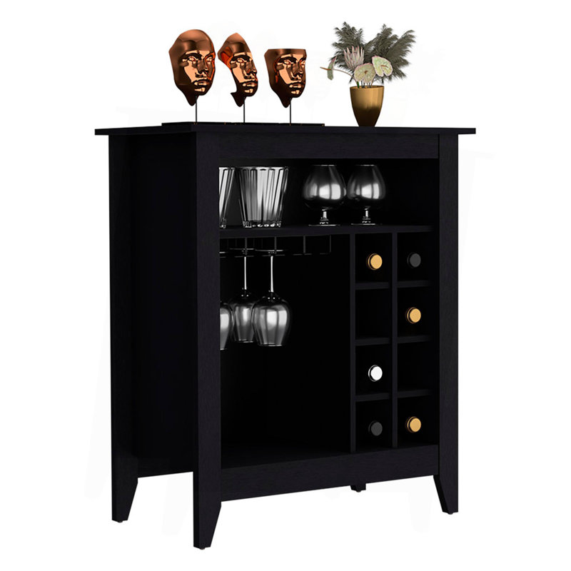 Bar Cabinet Castle, One Open Shelf, Six Wine Cubbies, Black