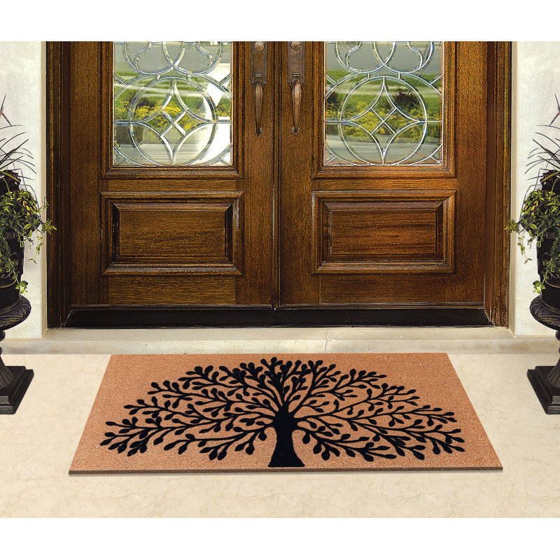 Bohdalec Coir Door Mat with PVC Backing, Tree of Life Design, Durable Thin-Profile Heavy-Duty Non-Slip Entrance Doormat