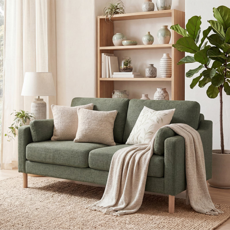 59.8'' W Modern Upholstery Loveseat Boucle, Dark Green Linen