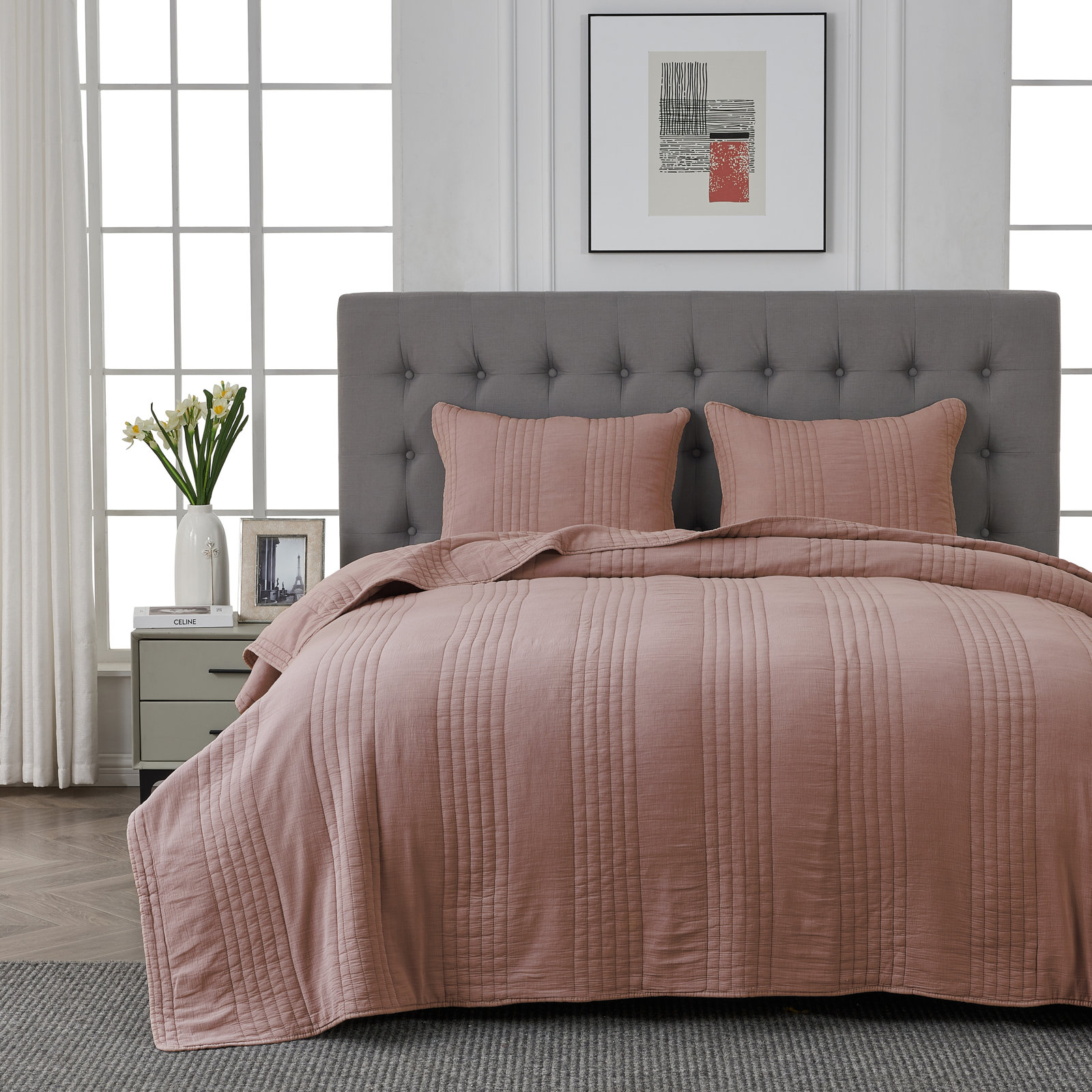 Cotton Quilt Set, Twin Quilt + 1 Standard Sham, Rust Pink