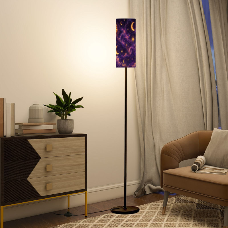 Lampe sur pied de 175 cm (69 pouces) avec motif ciel nocturne céleste, lunes brillantes et étoiles scintillantes. Lampe à pied moderne en métal, abat-jour cylindrique en lin, ampoule DEL 3 couleurs, télécommande et interrupteur au pied. Parfait pour le salon, la chambre ou le bureau.