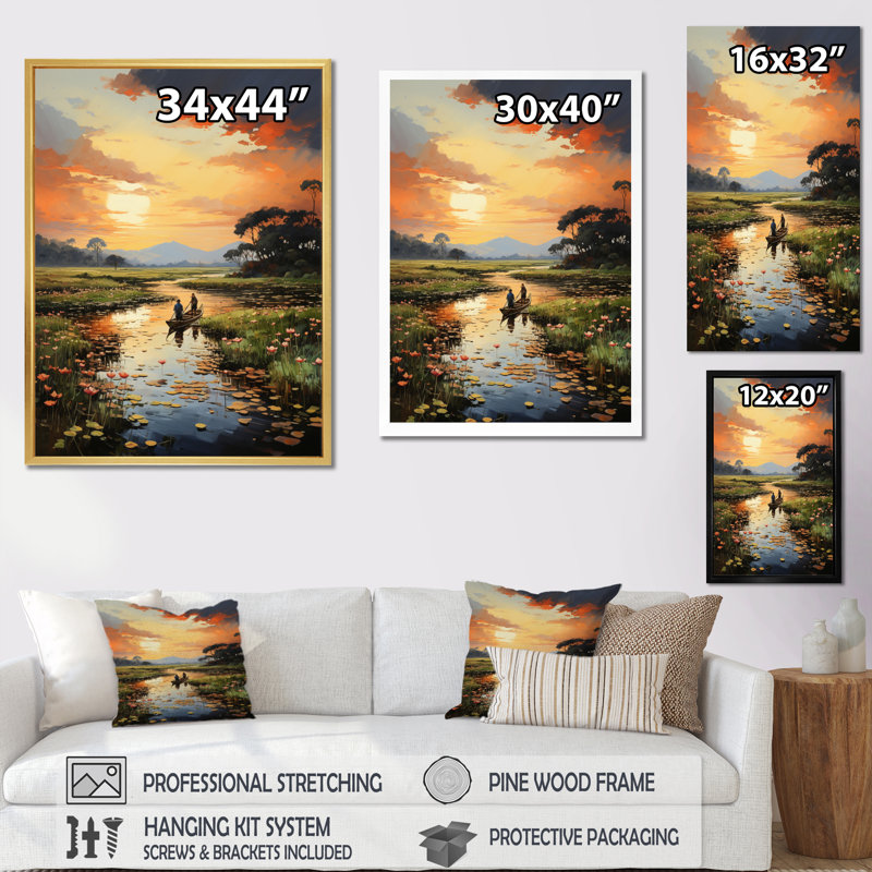 Vietnam River Delta Sunset II sur impression sur toile, Cadre naturel flottant, H 32 po x l 16 po x P 1 po