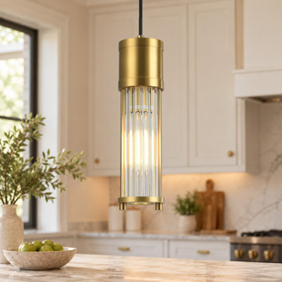 Mini-luminaire suspendu cylindrique 1 lumière avec abat-jour en verre nervuré transparent