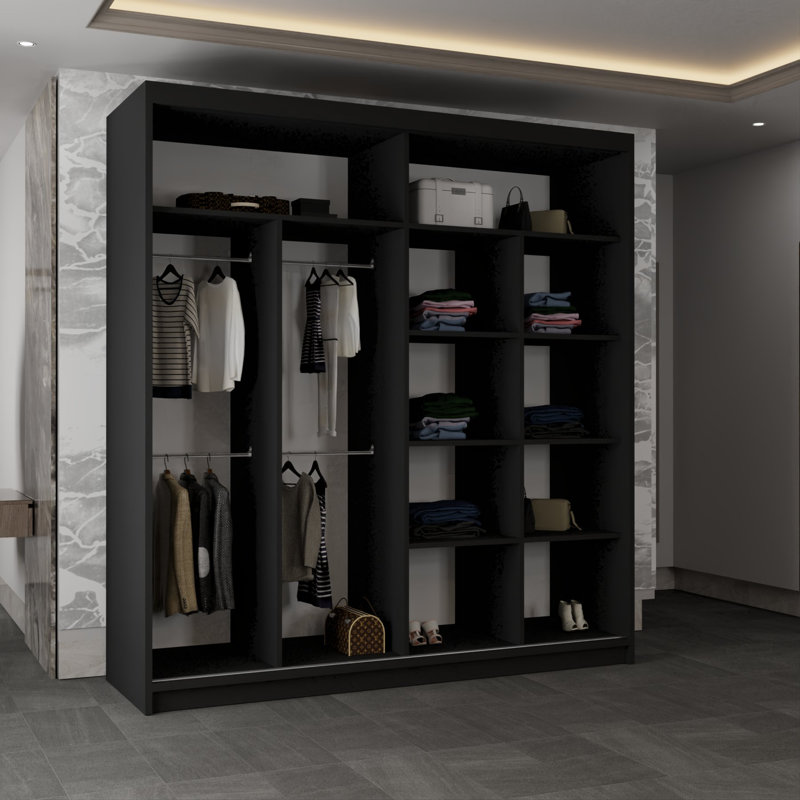 Cevahir 2 Door Manufactured Wood Wardrobe, Black, 217cm H x 203cm W x 62cm D