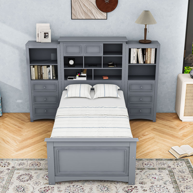 Lit plateforme 14 tiroirs en bois avec compartiments de rangement, Gris
