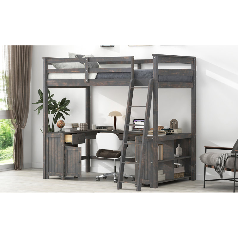 Lit mezzanine double brun antique avec bureau en forme de U et grand espace de rangement, Lit double, Brun antique