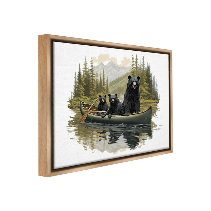 "Bears Canoeing On Lake" par Jim Baldwin sur toile, H 25 po x l 31 po, Cadre flottant orme Montalcino