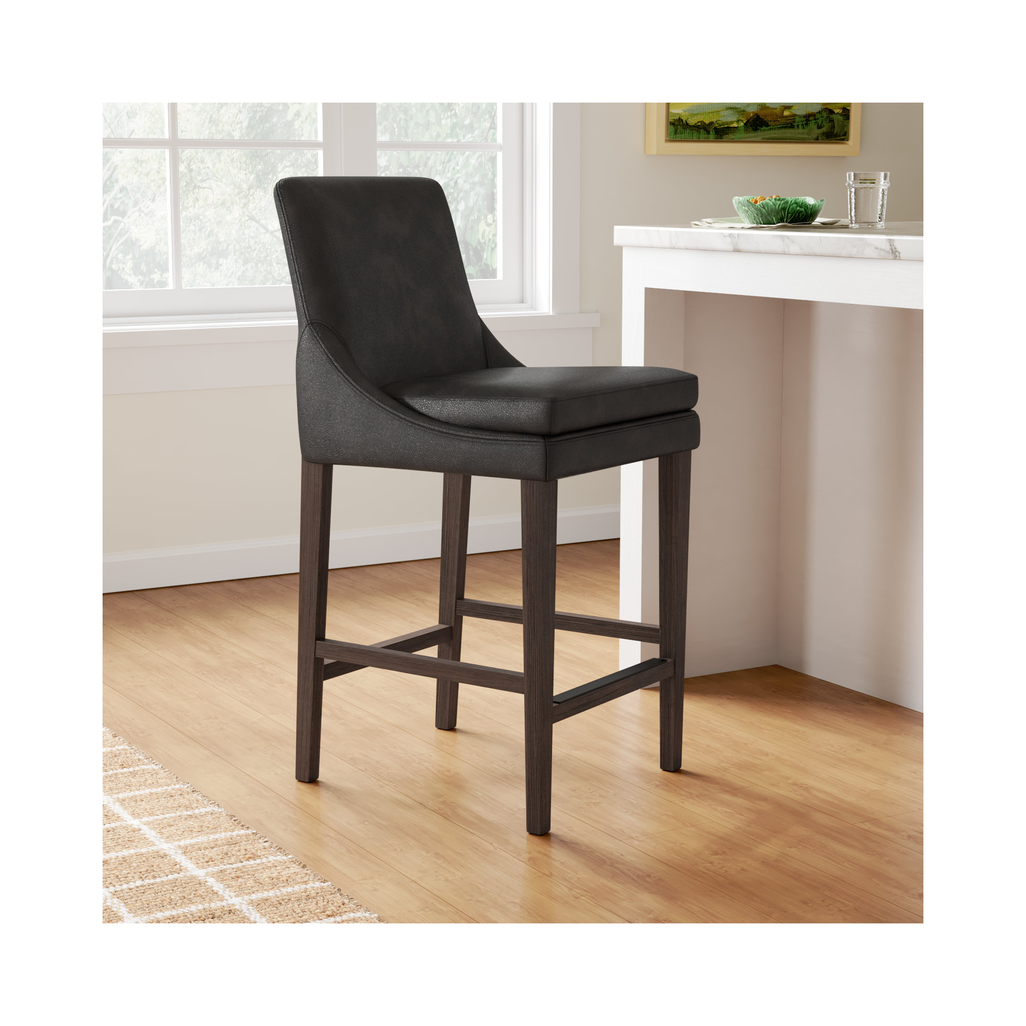Niara Leather Stool, Impression Dark Gray Genuine Leather/Dark Brown, Counter Stool (26” Seat Height)