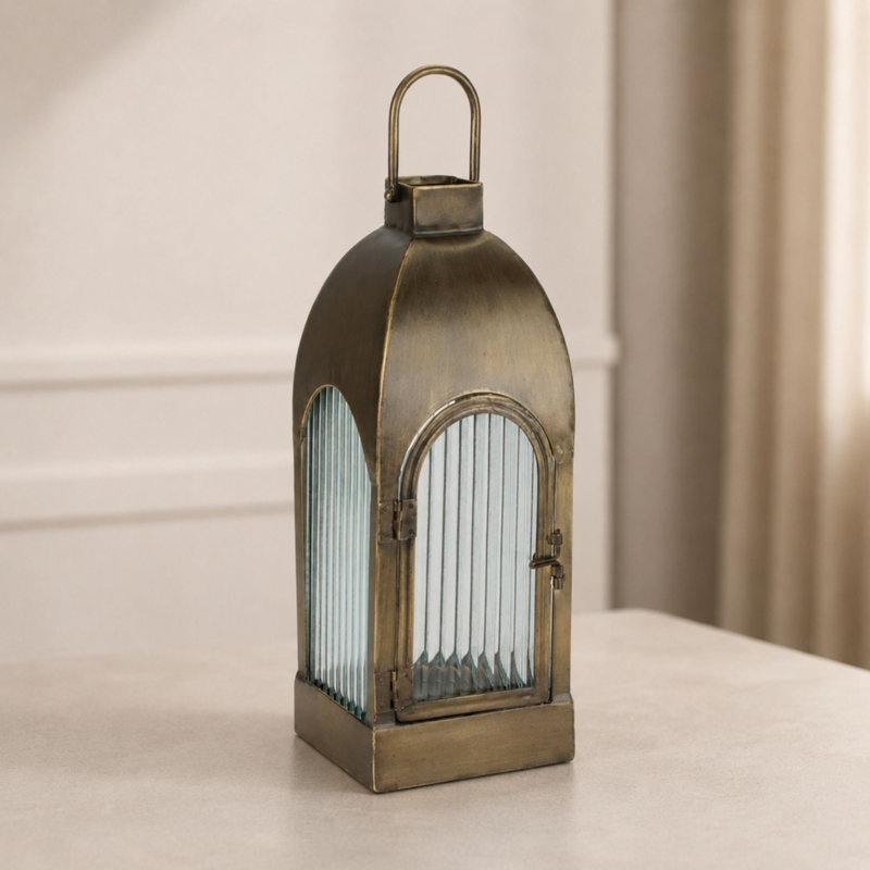 Arched Iron and Ribbed Glass Lantern, 5.5"SQX17.5"H
