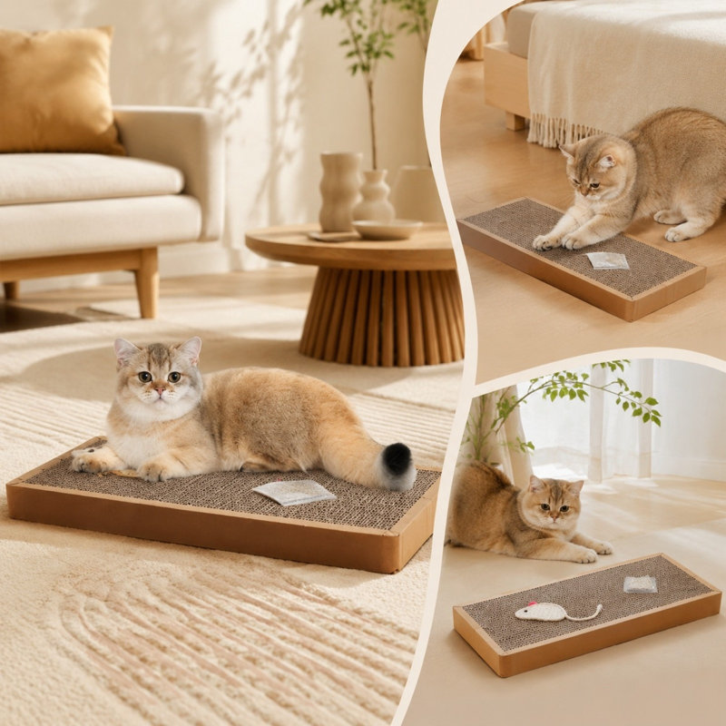 Roses artificielles en plastique, griffoir plat pour chat 44 x 21,5 x 5 cm, carton ondulé avec herbe à chat et jouet