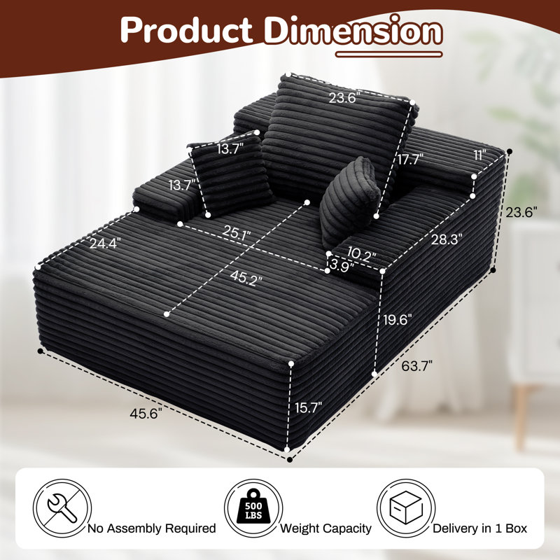  Chaise Lounge Sofa, Upholstered Corduroy Single Couch, Sleeper Sofa Bed With 3 Pillows, Single Couch For Living Room Or Bedroom , No Assembly Required