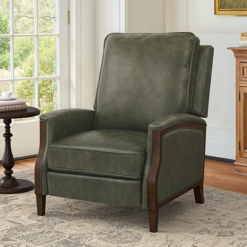 Liauro 32.3" Wide Genuine Leather Manual Push Back Recliner with Solid Wood Handrail, Fern Green Faux Leather