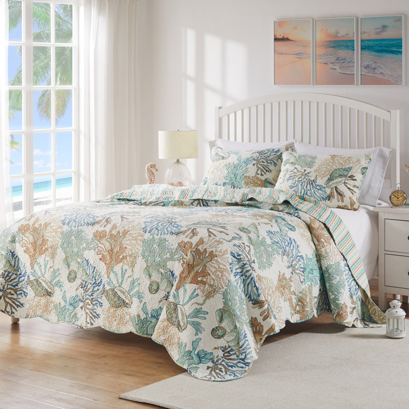 Ensemble de courtepointe réversible Atlantis Coastal, Courtepointe très grand + 2 taies décoratives, Jade