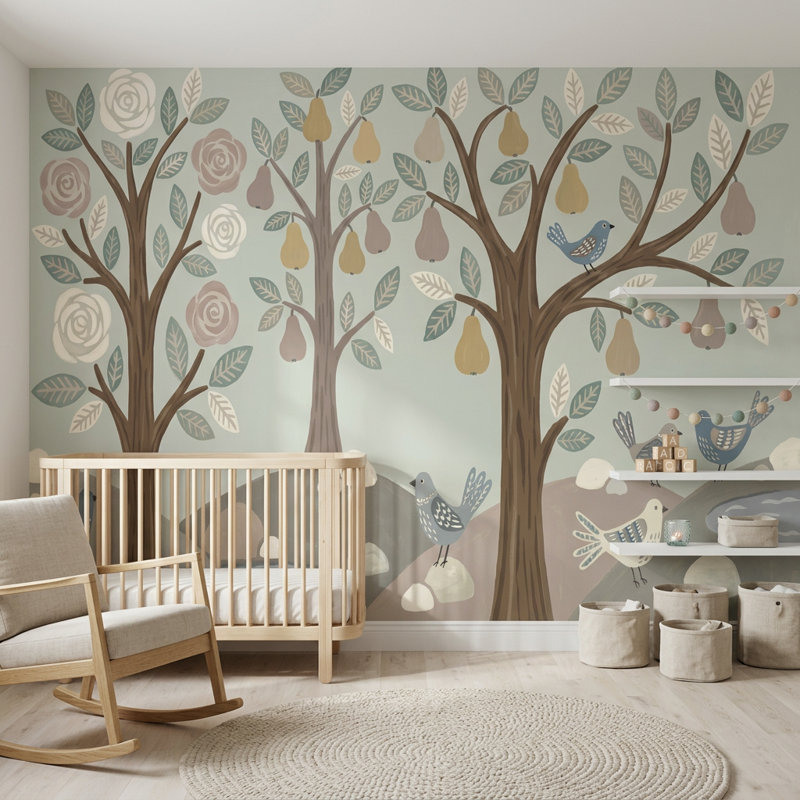 Papier peint boisé fantaisiste avec arbres stylisés et peint à la main, 200 po x 120 po, Non-Woven Nonpasted