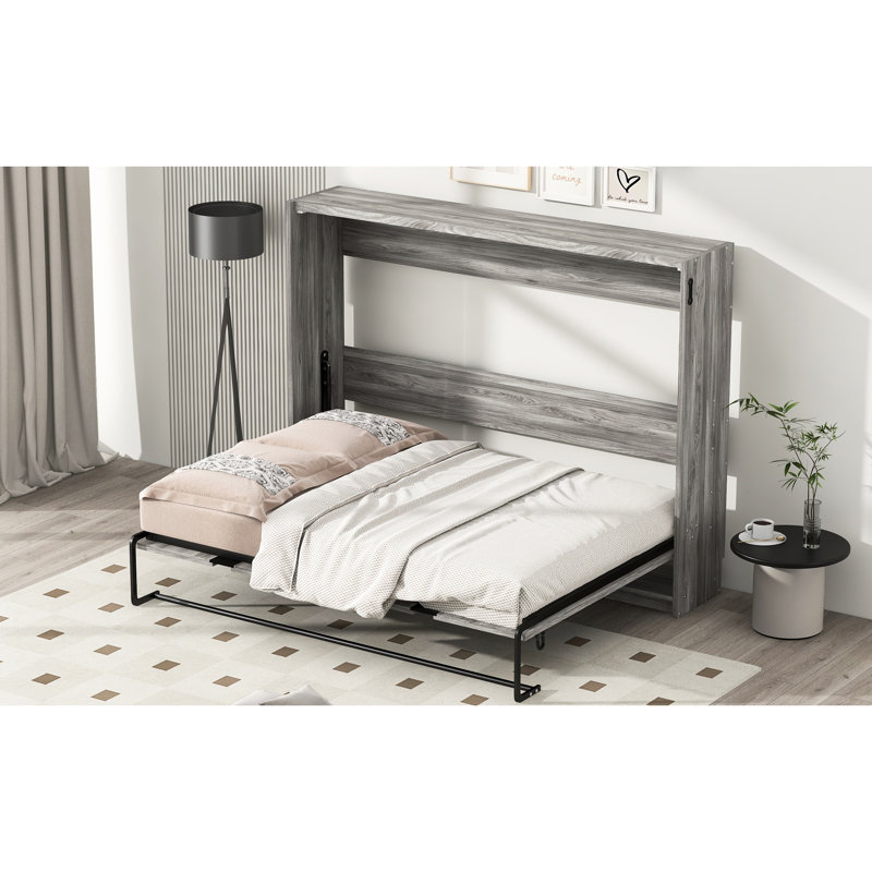 Lit double gris se transformant en armoire, solution peu encombrante avec des lattes de pin, une structure en métal, un assemblage facile et une structure stable