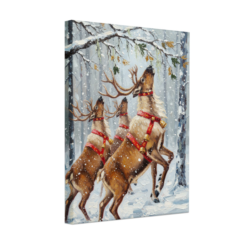 Ensemble de 3 impressions sur toile de rennes de Noël qui courent dans la forêt enneigée, H 30 po x l 20 po