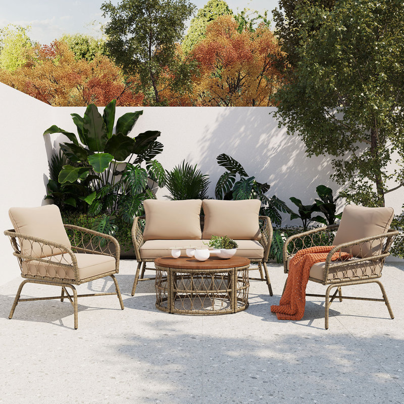 Bohemia-Inspired 4-Person Outdoor Seating Group – Wicker Conversation Patio Set with Removable Cushions & Oval Acacia Wood Tabletop