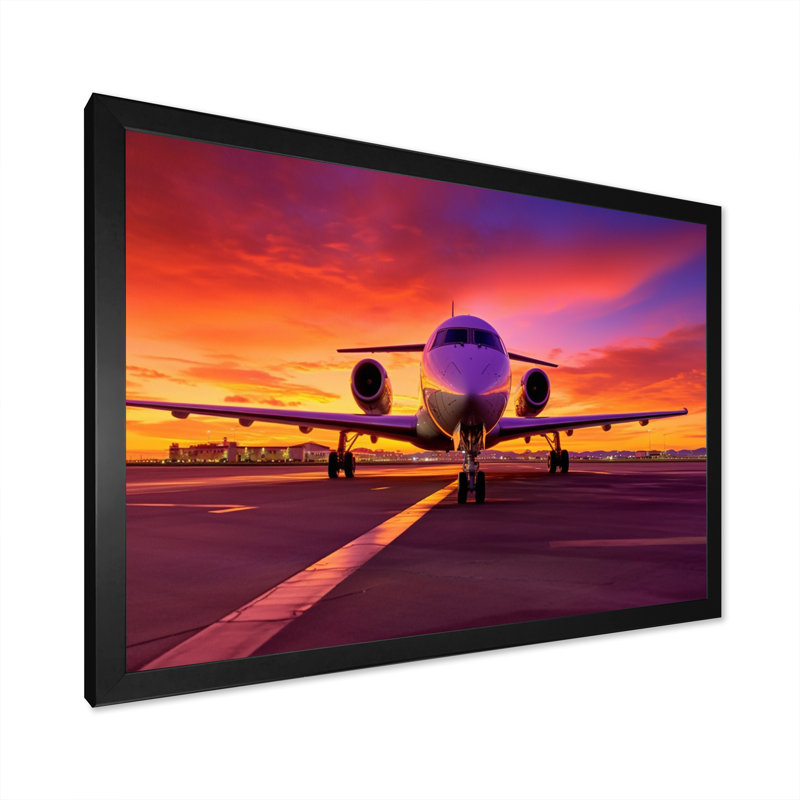 Avion au coucher du soleil I - Impressions sur toile transport, Cadre simple noir, H 16 po x l 32 po x P 1 po